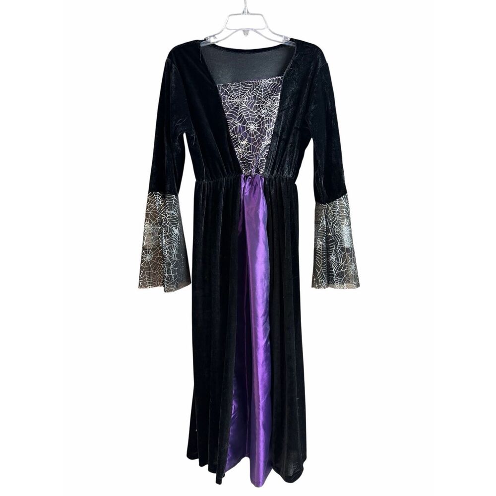 Sorcery Witch Costume Black Velvet Purple Spiderweb Gothic Halloween Dress
